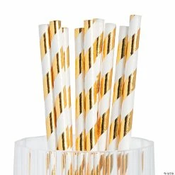 Best Sale 👏 Gold Foil Striped Paper Straws - 24 Pc. 🎁