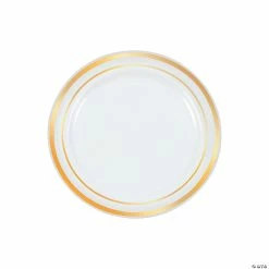 Wholesale 👍 Premium White Plastic Dessert Plates with Metallic Trim - 25 Ct. 🎉