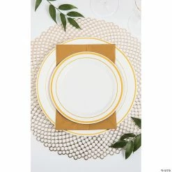 Deals 🔔 Premium White Plastic Dinner Plates with Metallic Trim - 25 Ct. 🤩 -Occasions Sales white plastic dinner plates with gold trim 25 ct 13738072 a05