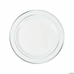Cheap ✔️ Premium White Plastic Dinner Plates with Metallic Trim - 25 Ct. 🌟