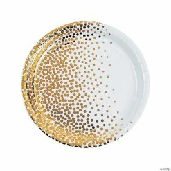 Promo 🔔 White with Gold Foil Dots Paper Dinner Plates - 8 Ct. 🎁